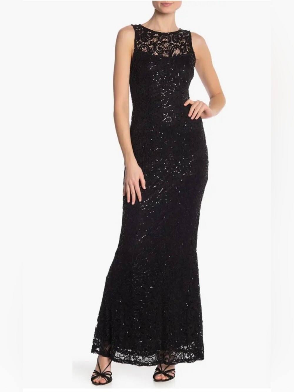 MARINA Black Lace Sequin Maxi Gown Evening Dress